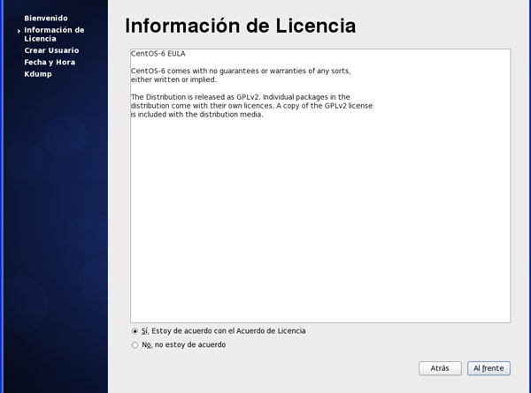 Instalacion de Centos. Licencia