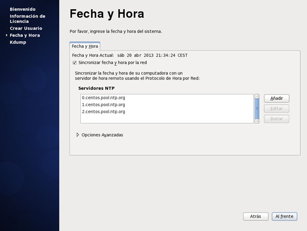 Instalacion de centos. Configurar servidores horarios