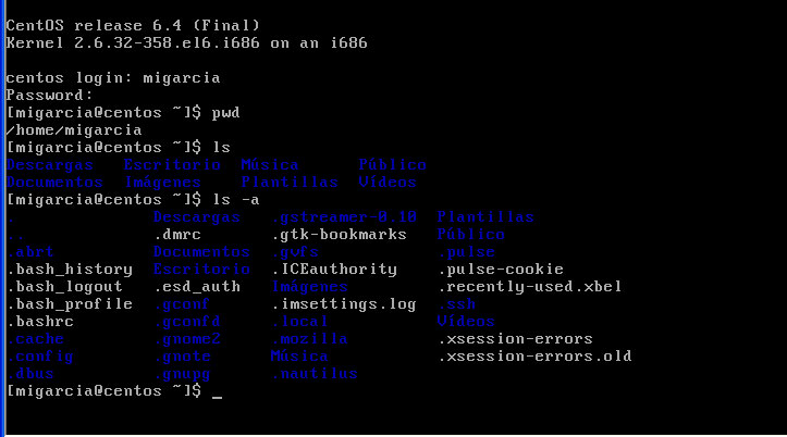 Pantalla de comando mostrando el logon , el comando pwd , ls y ls -a