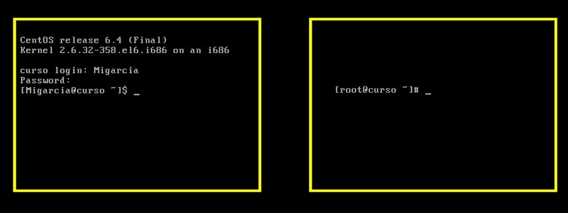 Centos-Dos terminales para comparar la diferencia entre root y un usuario