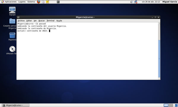 Terminal de comando para cambio de password