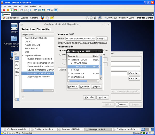 pantalla gnome para asignar impresora