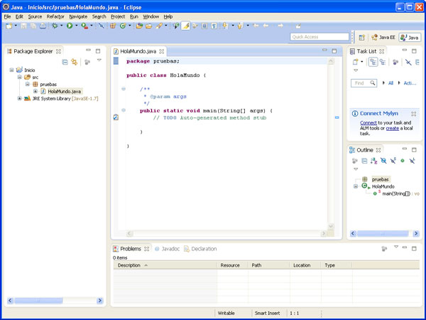 Eclipse. Pantalla con la clase HolaMundo creada
