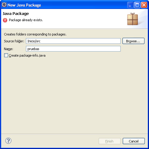 Eclipse. Pantalla de peticion de nombre de paquete