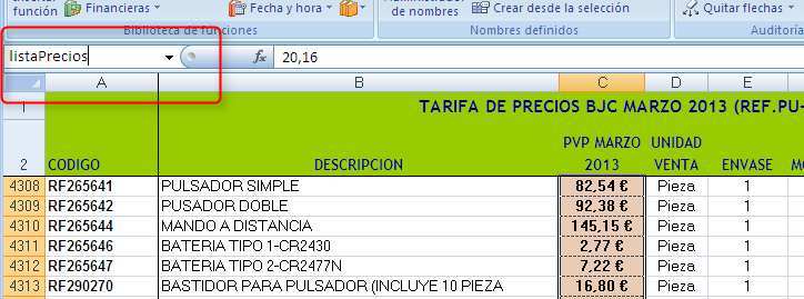 Excel. Cuadro de nombres