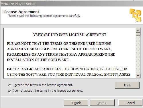 Instalacion de vmwareplayer. Aceptacion de condiciones