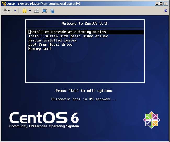 vmware player. iniciando instalacion CENTOS